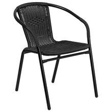 Load image into Gallery viewer, 23.5'' Square Glass Metal Table with 2 Black Rattan Stack Chairs