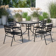 Load image into Gallery viewer, 31.5'' Square Glass Metal Table with 4 Black Metal Aluminum Slat Stack Chairs