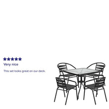 Load image into Gallery viewer, 31.5'' Square Glass Metal Table with 4 Black Metal Aluminum Slat Stack Chairs