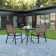 Load image into Gallery viewer, 3 Piece Set - 23.5" Tempered Glass Patio Table, 2 Brown Stack Chairs