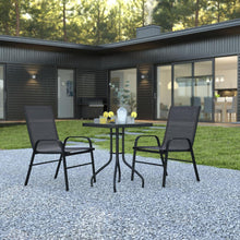 Load image into Gallery viewer, 3 Piece Set - 23.5" Tempered Glass Patio Table, 2 Black Stack Chairs
