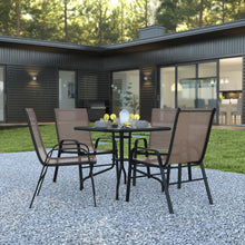 Load image into Gallery viewer, 5 Piece Set - 31.5" Tempered Glass Patio Table, 4 Brown Stack Chairs