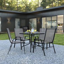 Load image into Gallery viewer, 5 Piece Set - 31.5" Tempered Glass Patio Table, 4 Gray Stack Chairs