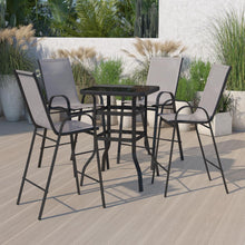 Load image into Gallery viewer, Dining Set - 4-Person Bistro Set - Brazos Glass Bar Table with Gray Patio Stools