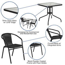 Load image into Gallery viewer, 28'' Glass Metal Table with Black Rattan Edging and 2 Black Rattan Stack Chairs