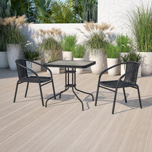 Load image into Gallery viewer, 28'' Glass Metal Table with Black Rattan Edging and 2 Black Rattan Stack Chairs