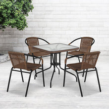 Load image into Gallery viewer, 28'' Table with Dark Brown Edging and 4 Dark Brown Stack Chairs