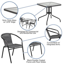 Load image into Gallery viewer, 28'' Glass Metal Table with Gray Rattan Edging and 2 Gray Rattan Stack Chairs