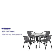 Load image into Gallery viewer, 28'' Glass Metal Table with Gray Rattan Edging and 4 Gray Rattan Stack Chairs