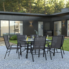 Load image into Gallery viewer, 7 Piece Set - 55" Tempered Glass Patio Table, 6 Black Stack Chairs