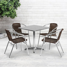 Load image into Gallery viewer, 27.5'' Square Aluminum Indoor-Outdoor Table Set with 4 Dark Brown Rattan Chairs