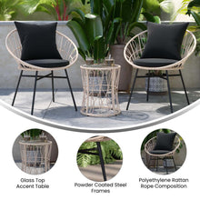 Load image into Gallery viewer, 3-Piece Bistro Set, Papasan Rope Chairs, Glass Top Side Table, Black Cushions