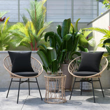 Load image into Gallery viewer, 3-Piece Bistro Set, Papasan Rope Chairs, Glass Top Side Table, Black Cushions
