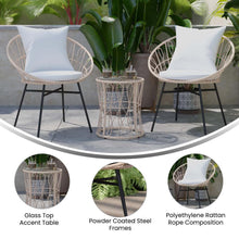 Load image into Gallery viewer, 3-Piece Bistro Set, Rope Chairs, Glass Top Side Table, Light Gray Cushions