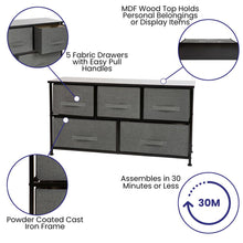 Load image into Gallery viewer, 5 Drawer Wood Top BlackFrame Vertical Storage Dresser with Dark Gray Drawers