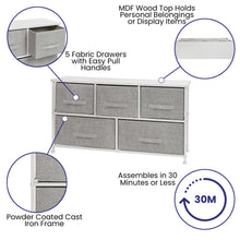 Load image into Gallery viewer, 5 Drawer Wood Top WhiteFrame Vertical Storage Dresser with Light Gray Drawers