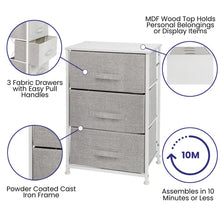 Load image into Gallery viewer, 3 Drawer Wood Top WhiteFrame Vertical Storage Dresser with Light Gray Drawers