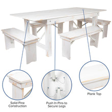 Load image into Gallery viewer, 7' x 40" Antique Rustic White Folding Farm Table and Four Bench Set