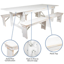 Load image into Gallery viewer, 8' x 40" Antique Rustic White Folding Farm Table and Four 40.25"L Bench Set