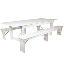 Load image into Gallery viewer, 8' x 40" Antique Rustic White Folding Farm Table and Two Bench Set
