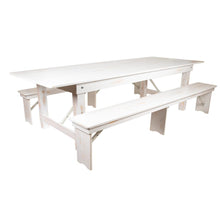 Load image into Gallery viewer, 9' x 40" Antique Rustic White Folding Farm Table and Two Bench Set
