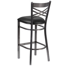 Load image into Gallery viewer, Clear Coated ''X'' Back Metal Restaurant Barstool - Black Vinyl Seat