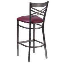 Load image into Gallery viewer, Clear Coated ''X'' Back Metal Restaurant Barstool - Burgundy Vinyl Seat
