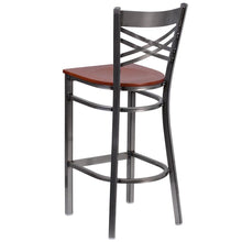 Load image into Gallery viewer, Clear Coated ''X'' Back Metal Restaurant Barstool - Cherry Wood Seat