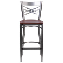 Load image into Gallery viewer, Clear Coated ''X'' Back Metal Restaurant Barstool - Cherry Wood Seat