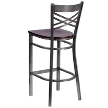 Load image into Gallery viewer, Clear Coated ''X'' Back Metal Restaurant Barstool - Mahogany Wood Seat