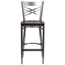Load image into Gallery viewer, Clear Coated ''X'' Back Metal Restaurant Barstool - Mahogany Wood Seat