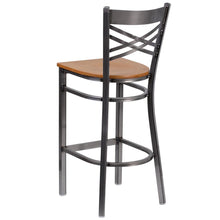 Load image into Gallery viewer, Clear Coated ''X'' Back Metal Restaurant Barstool - Natural Wood Seat