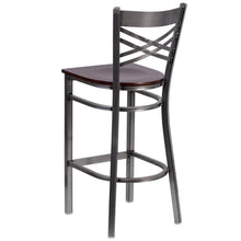 Load image into Gallery viewer, Clear Coated ''X'' Back Metal Restaurant Barstool - Walnut Wood Seat