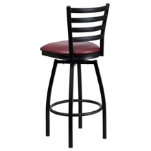 Load image into Gallery viewer, Black Ladder Back Swivel Metal Barstool - Burgundy Vinyl Seat