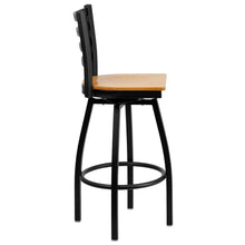Load image into Gallery viewer, Black Ladder Back Swivel Metal Barstool - Natural Wood Seat