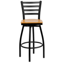 Load image into Gallery viewer, Black Ladder Back Swivel Metal Barstool - Natural Wood Seat