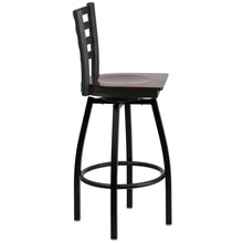 Load image into Gallery viewer, Black Ladder Back Swivel Metal Barstool - Walnut Wood Seat