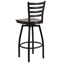 Load image into Gallery viewer, Black Ladder Back Swivel Metal Barstool - Walnut Wood Seat
