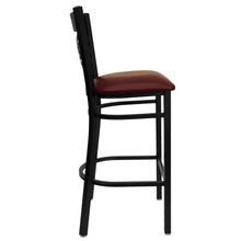 Load image into Gallery viewer, Black ''X'' Back Metal Restaurant Barstool - Burgundy Vinyl Seat