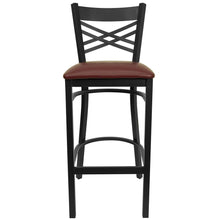 Load image into Gallery viewer, Black ''X'' Back Metal Restaurant Barstool - Burgundy Vinyl Seat