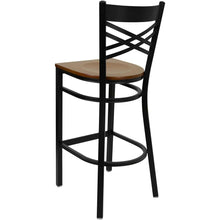 Load image into Gallery viewer, Black ''X'' Back Metal Restaurant Barstool - Cherry Wood Seat