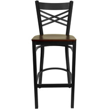 Load image into Gallery viewer, Black ''X'' Back Metal Restaurant Barstool - Mahogany Wood Seat