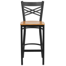 Load image into Gallery viewer, Black ''X'' Back Metal Restaurant Barstool - Natural Wood Seat