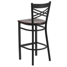 Load image into Gallery viewer, Black ''X'' Back Metal Restaurant Barstool - Walnut Wood Seat
