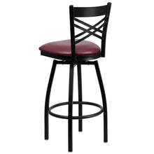 Load image into Gallery viewer, Black ''X'' Back Swivel Metal Barstool - Burgundy Vinyl Seat