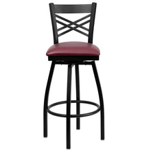 Load image into Gallery viewer, Black ''X'' Back Swivel Metal Barstool - Burgundy Vinyl Seat