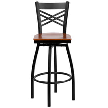 Load image into Gallery viewer, Black ''X'' Back Swivel Metal Barstool - Cherry Wood Seat