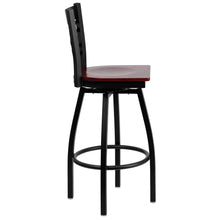 Load image into Gallery viewer, Black ''X'' Back Swivel Metal Barstool - Mahogany Wood Seat