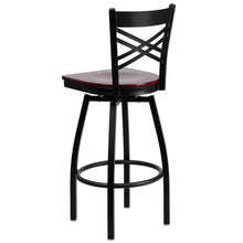 Load image into Gallery viewer, Black ''X'' Back Swivel Metal Barstool - Mahogany Wood Seat