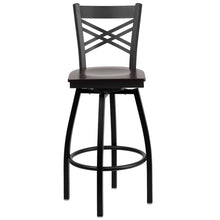 Load image into Gallery viewer, Black ''X'' Back Swivel Metal Barstool - Walnut Wood Seat